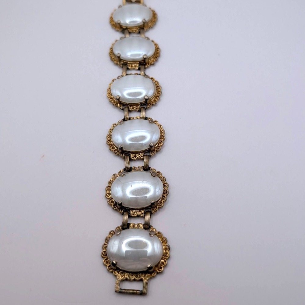 Judy Lee Vintage Faux Pearl Gold Tone‎ Filigree Oval Cabochon Link Bracelet 7in